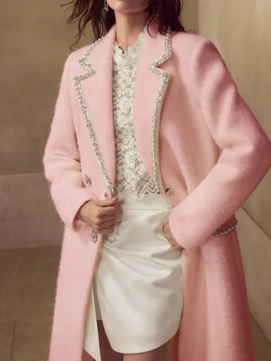Pink Preppy Women's Rhinestone Double-Breasted Overcoat - Picture 5 of 7